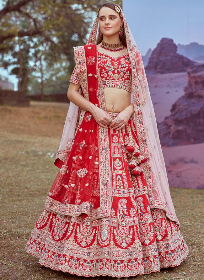 Silk Red Bridal Wear Stone Beads Work Lehenga Choli